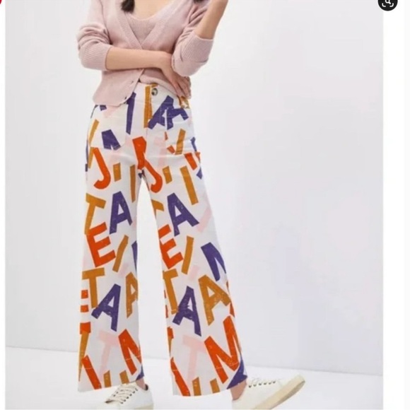 Anthropologie The Colette Linen Cropped Wide Leg Pants Je Taime Letters Print 26 - Picture 1 of 10
